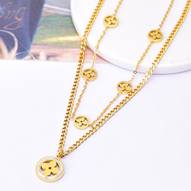 Fashionable two layer hollow clover stainless steel necklace