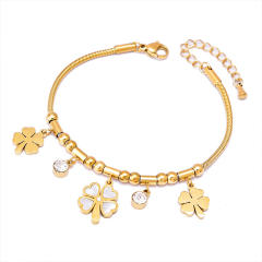 Multi element clover bear heart charm stainless steel bracelet