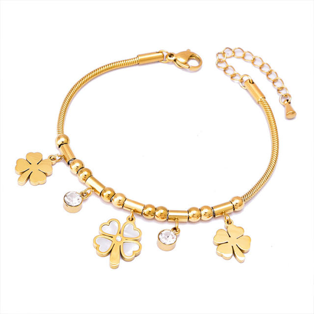 Multi element clover bear heart charm stainless steel bracelet