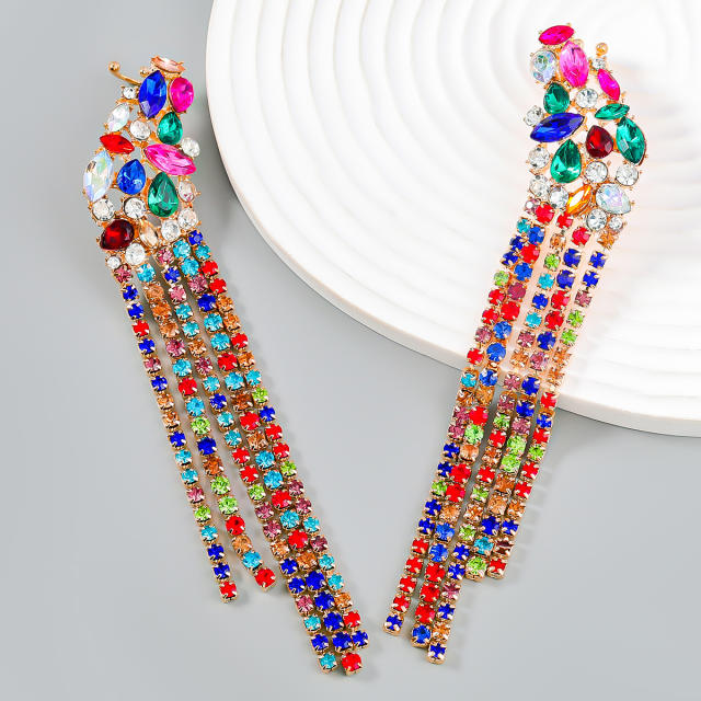 Geometric design color glass crystal statement tassel earrings