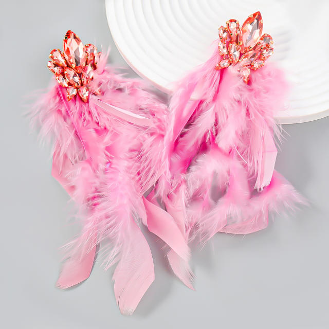 Boho colorful feather glass crystal statement earrings