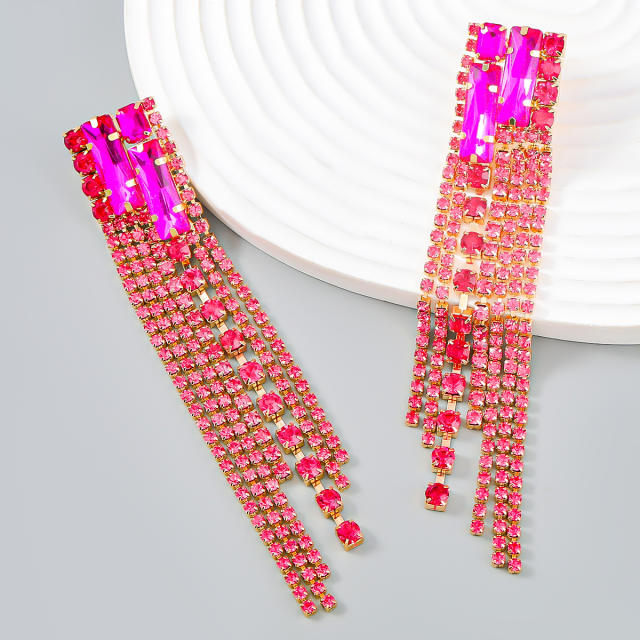 Elegant square shape color glass crystal statement tassel earrings