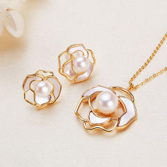 Elegant camellia pearl ear studs necklace