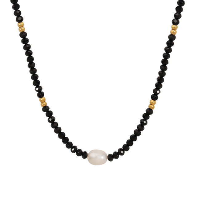 Personality black glass beads pearl choker necklace