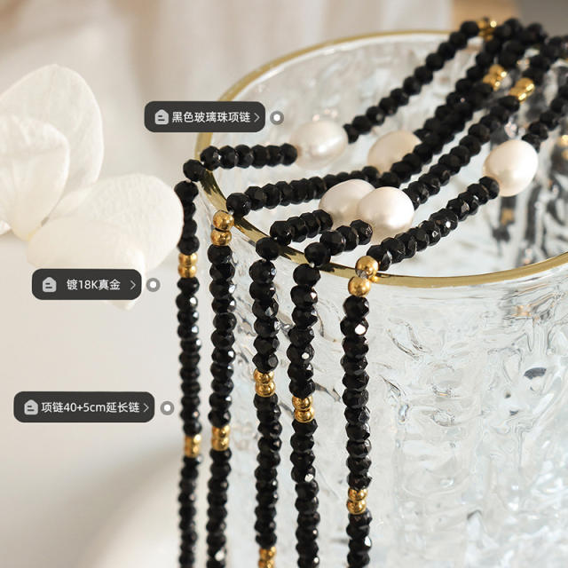 Personality black glass beads pearl choker necklace