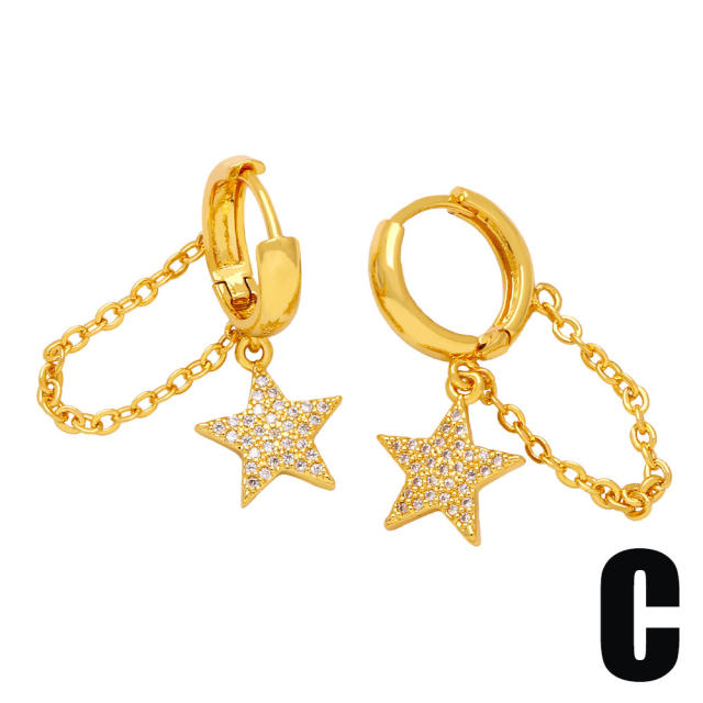 Eelgant diamond star moon charm tassel huggie earrings