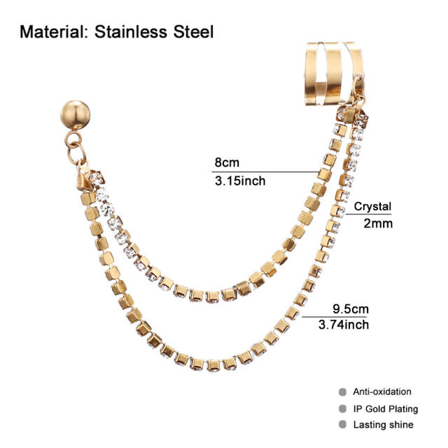 Elegant three layer diamond chain tassel stainless steel ear cuff