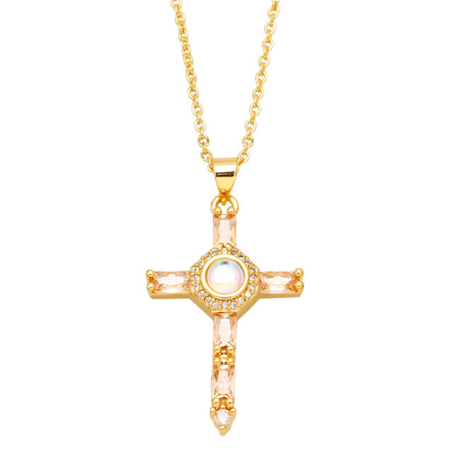 Hiphop rainbow cubic zircon cross pendant real gold plated necklace