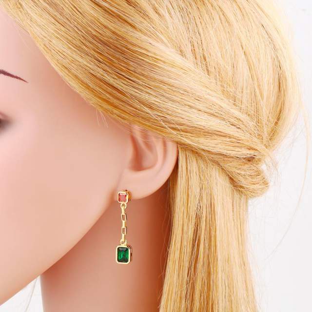 Elegant square shape emerald long earrings