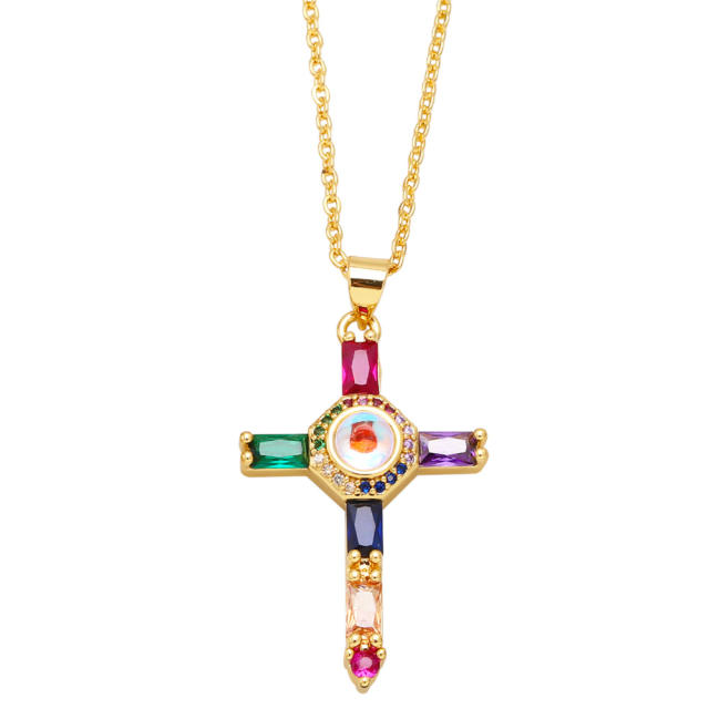 Hiphop rainbow cubic zircon cross pendant real gold plated necklace