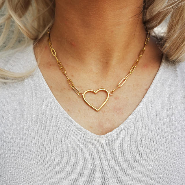 Korean fashion paper clip chain hollow heart stainless steel necklace