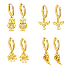 Concise flower owl charm real gold plated huggie earrings