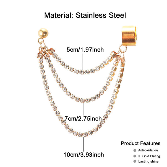 Elegant three layer diamond chain tassel stainless steel ear cuff