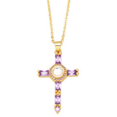 Hiphop rainbow cubic zircon cross pendant real gold plated necklace