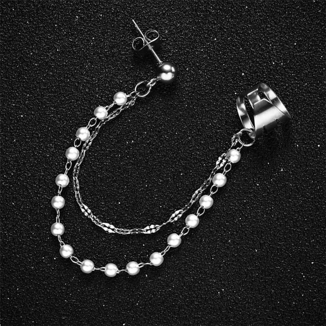 Korean fashion personality pearl beads chain tassel stainless steel ear cuff