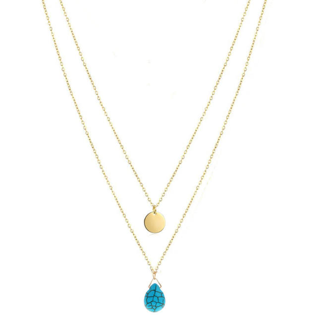 Natural trend dainty drop turquoise two layer stainless steel necklace