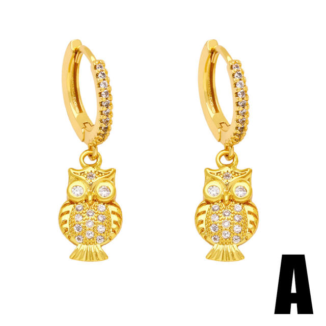 Concise flower owl charm real gold plated huggie earrings