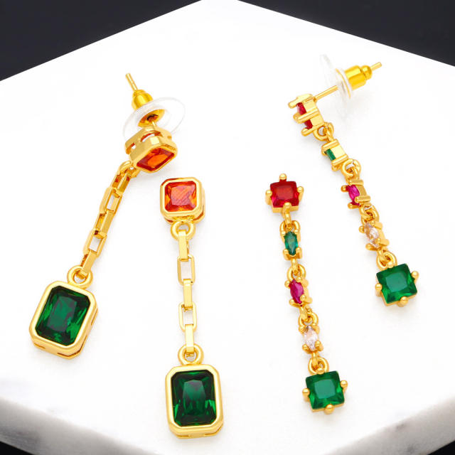 Elegant square shape emerald long earrings