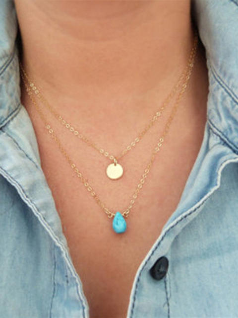 Natural trend dainty drop turquoise two layer stainless steel necklace