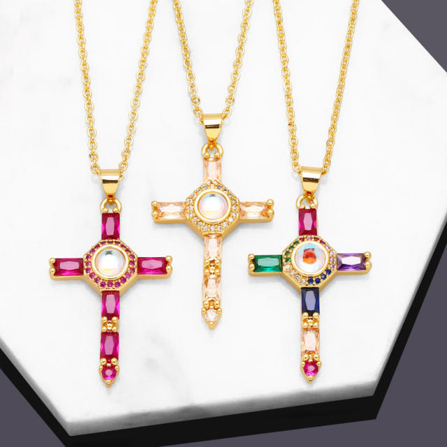 Hiphop rainbow cubic zircon cross pendant real gold plated necklace