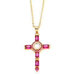 Hiphop rainbow cubic zircon cross pendant real gold plated necklace