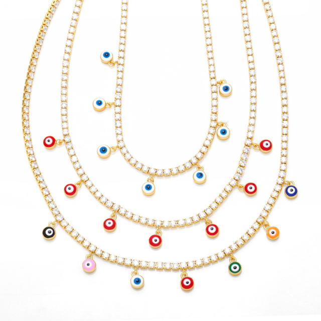 Color round shape evil eye tennis chain necklace