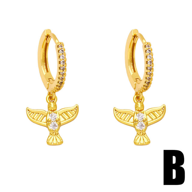 Concise flower owl charm real gold plated huggie earrings