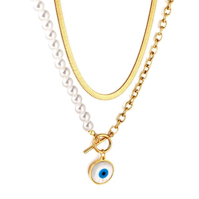 Occident fashion evil eye pendant two layer stainless steel necklace