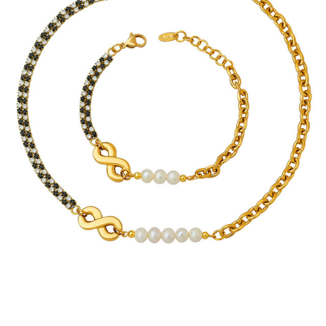 Unique design stainless steel chain mix black diamond infinity symbol necklace bracelet