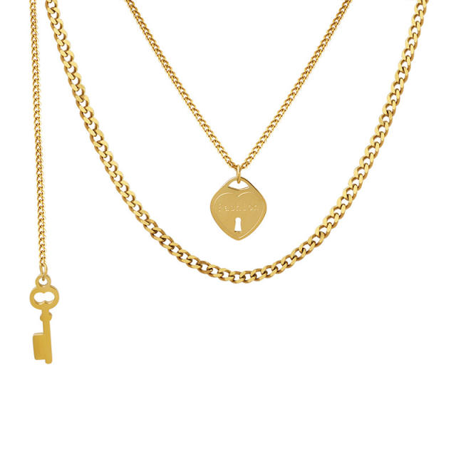 Occident fashion heart locket and key stainless steel layer necklace