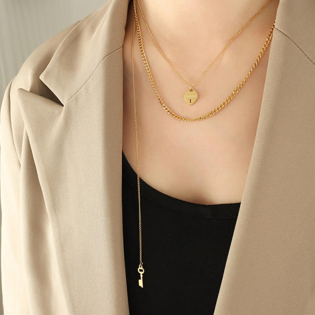 Occident fashion heart locket and key stainless steel layer necklace