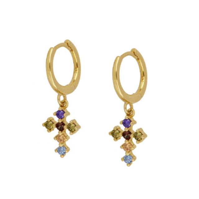 925 needle luxury color rhinestone cross copper huggie earrings