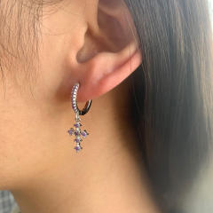 925 needle luxury color rhinestone cross copper huggie earrings