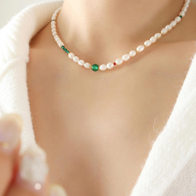 Natural agate beads pearl choker necklace