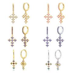 925 needle luxury color rhinestone cross copper huggie earrings