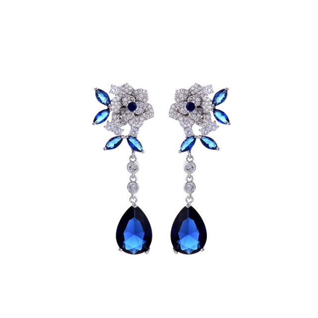 Elegant colorful cubic zircon drop flower earrings