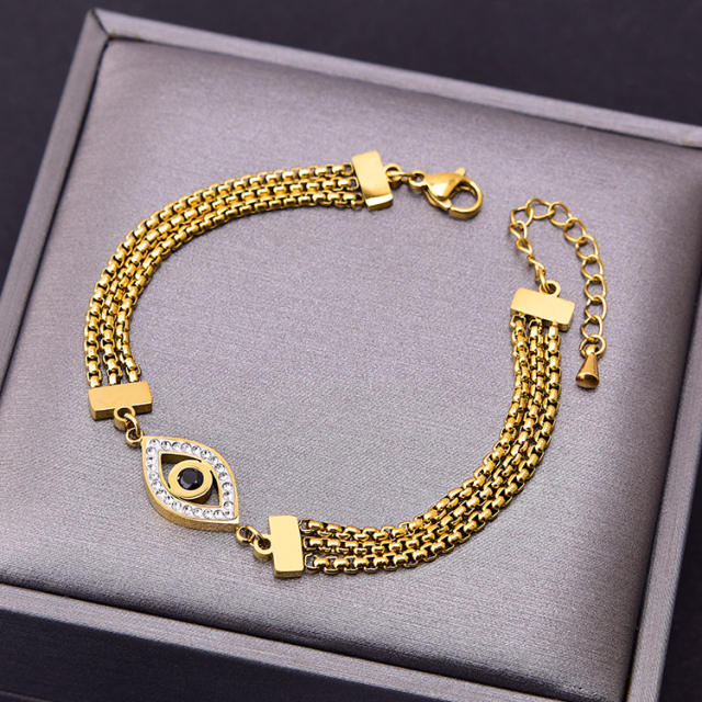 Elegant three layer metal chain evil eye stainless steel bracelet