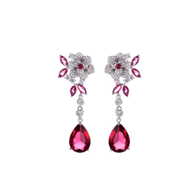 Elegant colorful cubic zircon drop flower earrings