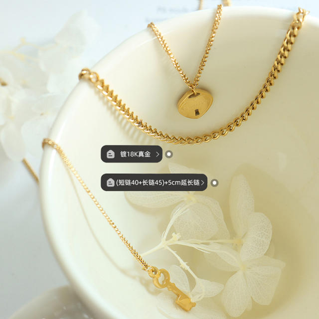Occident fashion heart locket and key stainless steel layer necklace