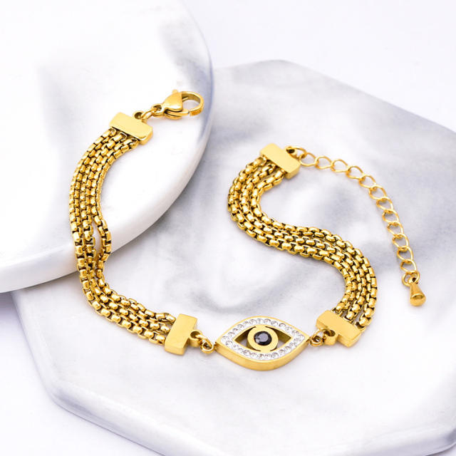 Elegant three layer metal chain evil eye stainless steel bracelet