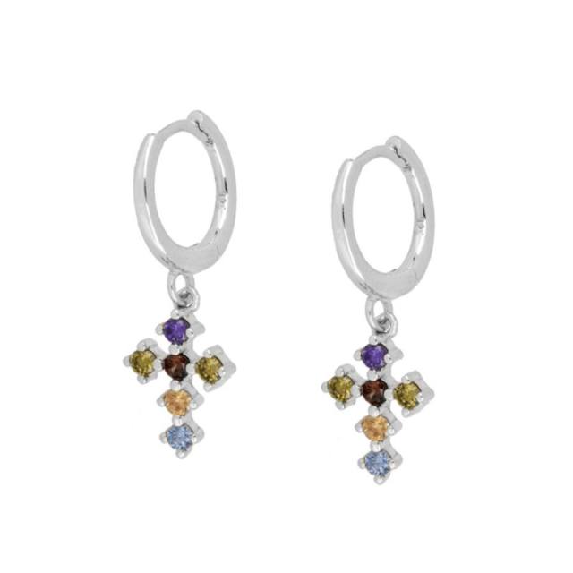 925 needle luxury color rhinestone cross copper huggie earrings