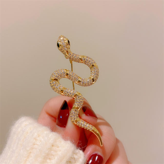 Elegant diamond snake real gold plated brooch