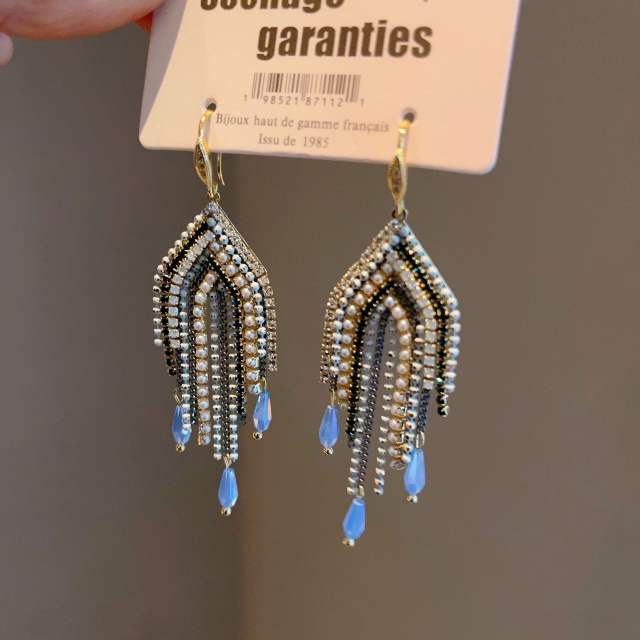 Boho contrast color crystal tassel earrings