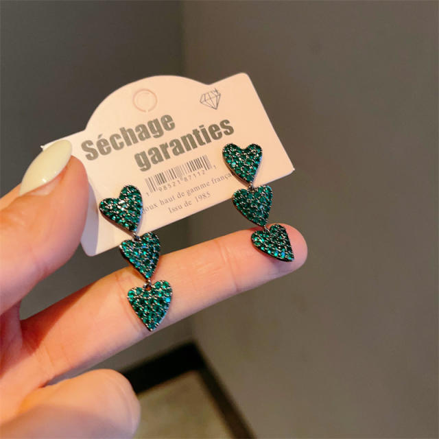 Pave setting dark green rhinestone heart earrings