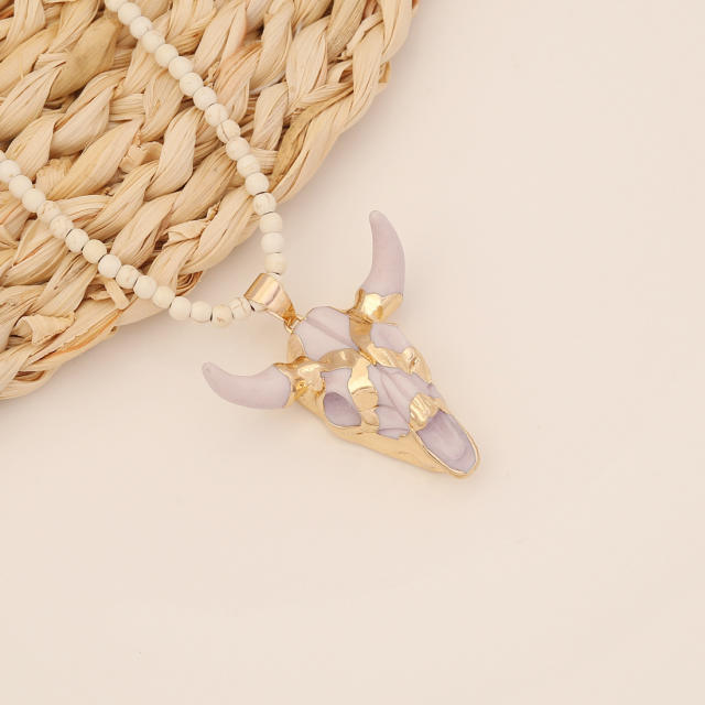 Boho vintage the cow head pendant bead necklace