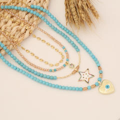 Boho blue color bead star heart charm necklace
