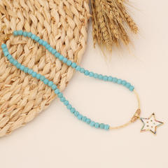 Boho blue color bead star heart charm necklace