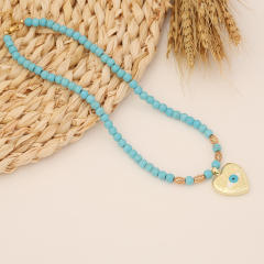 Boho blue color bead star heart charm necklace