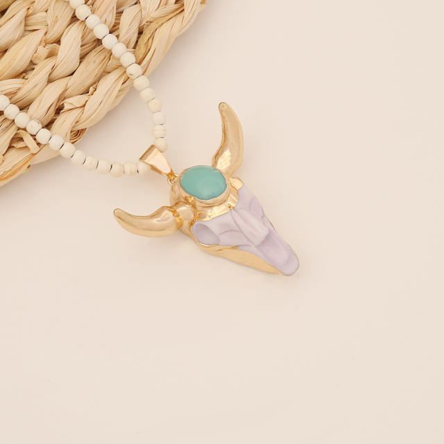 Boho vintage the cow head pendant bead necklace