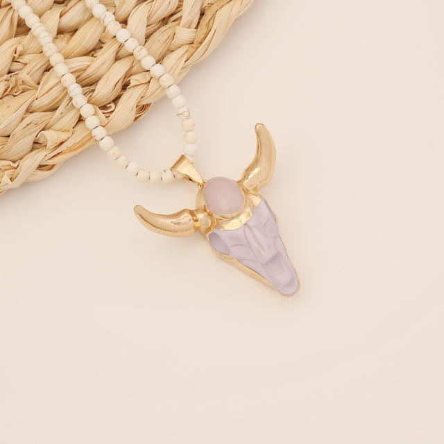 Boho vintage the cow head pendant bead necklace